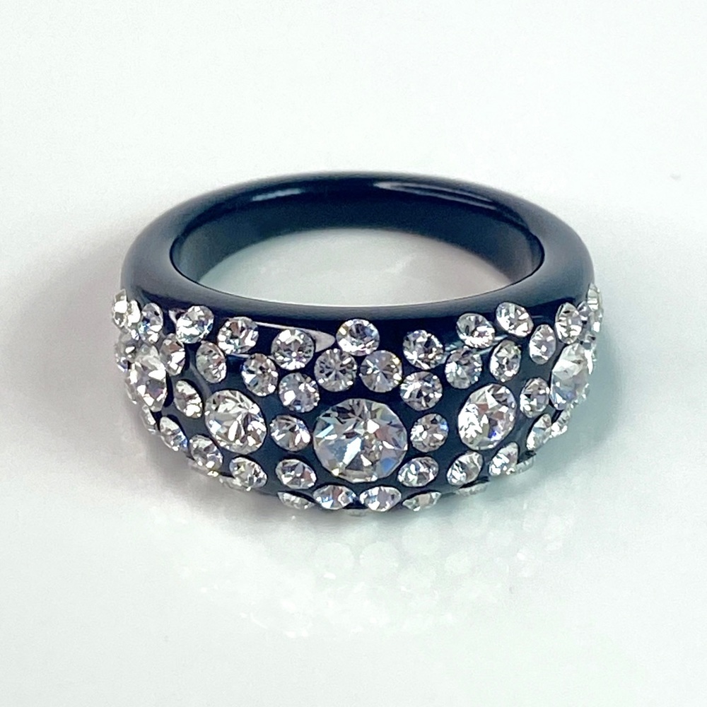 Black acrylic ring embellished with Crystal gemstones, trendy statement ring.